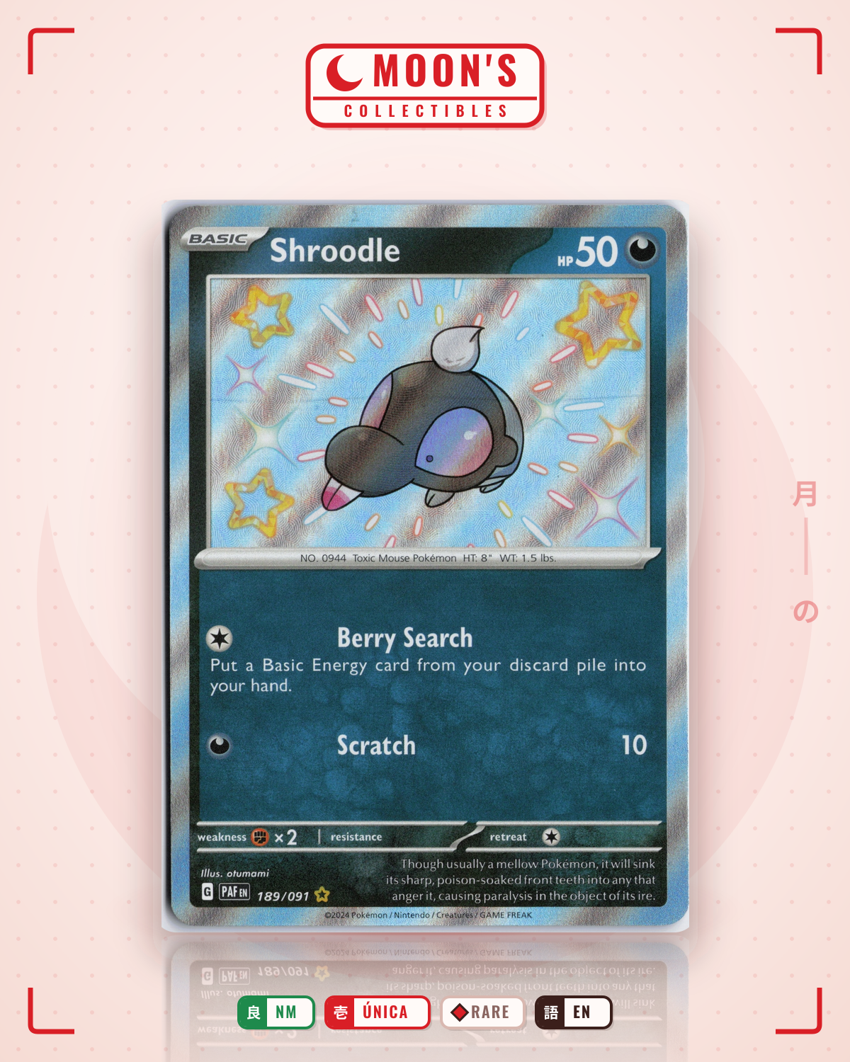 Carta Pokémon Shroodle · Paldean Fates #189/091 (NM) — pieza única en Moon's Collectibles México