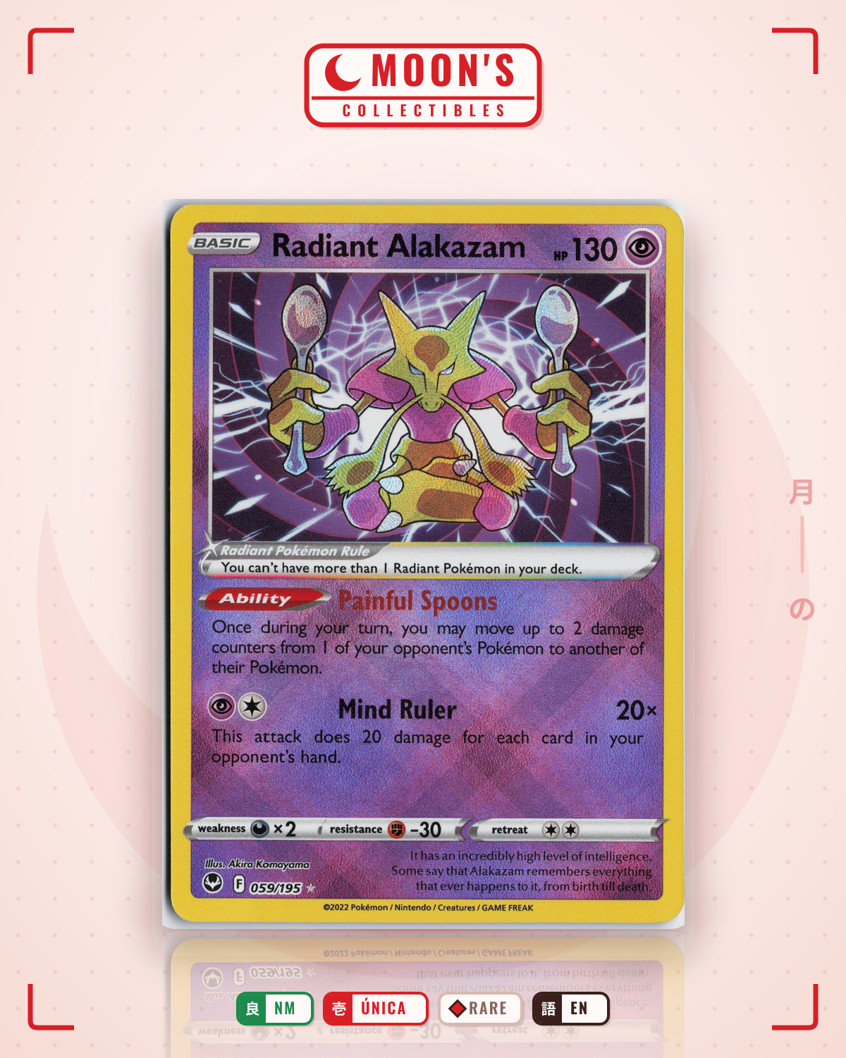 Carta Pokémon Radiant Alakazam · Silver Tempest #059/195 (NM) — pieza única en Moon's Collectibles México