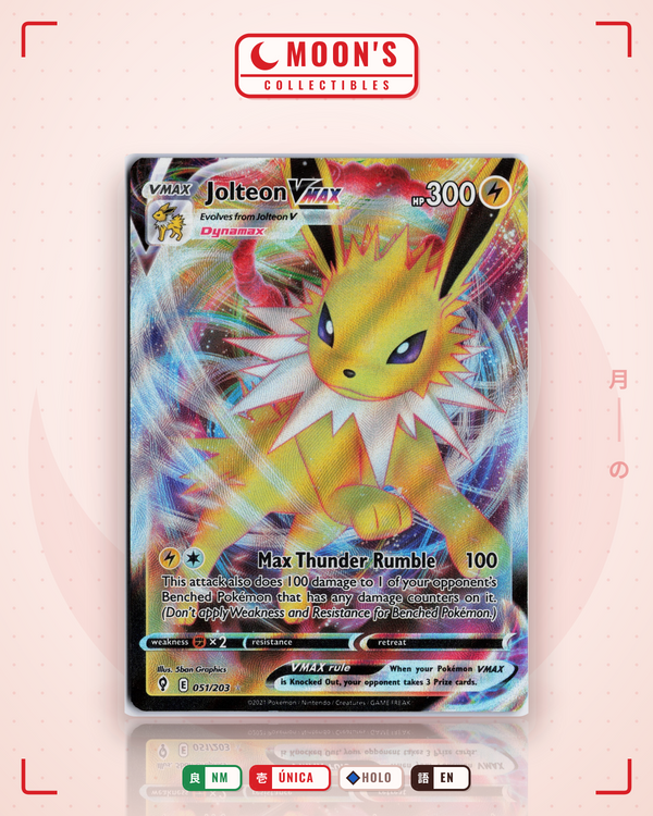 Carta Pokémon Jolteon VMAX · Evolving Skies #051/203 (NM) — pieza única en Moon's Collectibles México