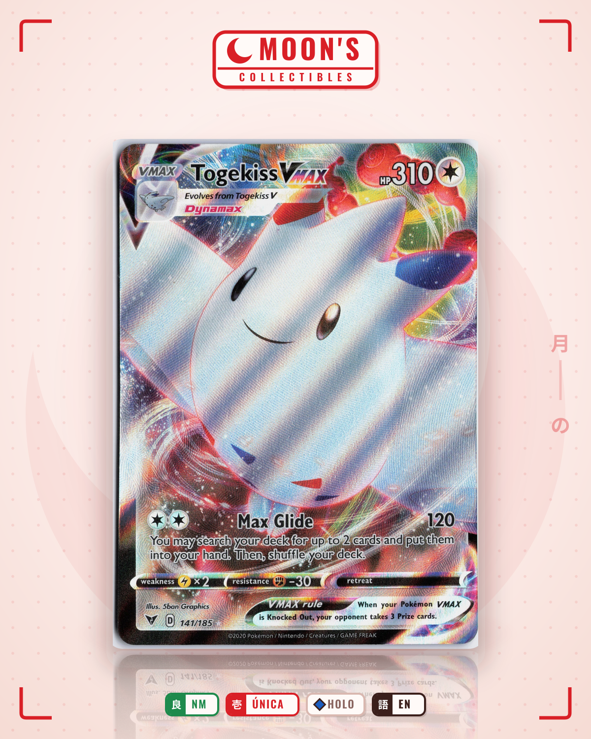 Carta Pokémon Togekiss VMAX · Vivid Voltage #141/185 (NM) — pieza única en Moon's Collectibles México