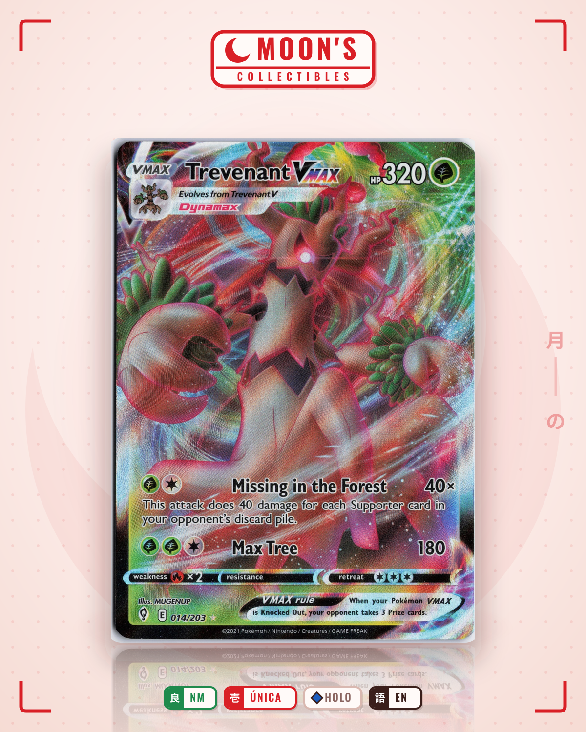Carta Pokémon Trevenant VMAX · Evolving Skies #014/203 (NM) — pieza única en Moon's Collectibles México
