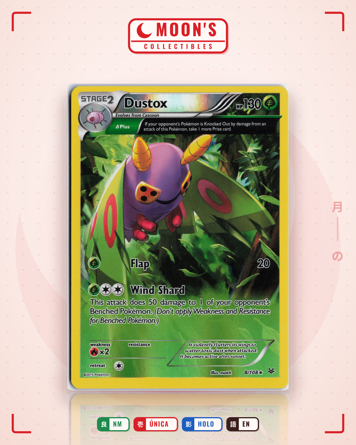 Carta Pokémon Dustox · Roaring Skies #8/108 (NM) — pieza única en Moon's Collectibles México