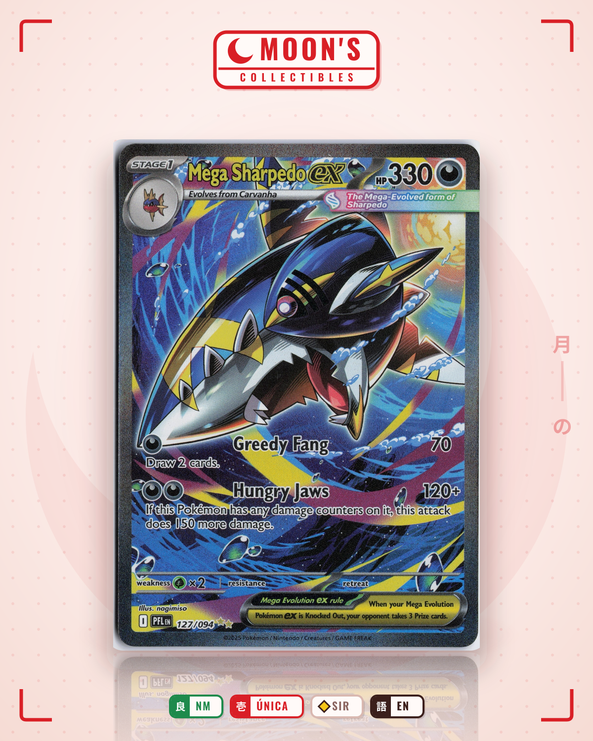 Carta Pokémon Mega Sharpedo ex · Phantasmal Flames #127/094 (NM) — pieza única en Moon's Collectibles México