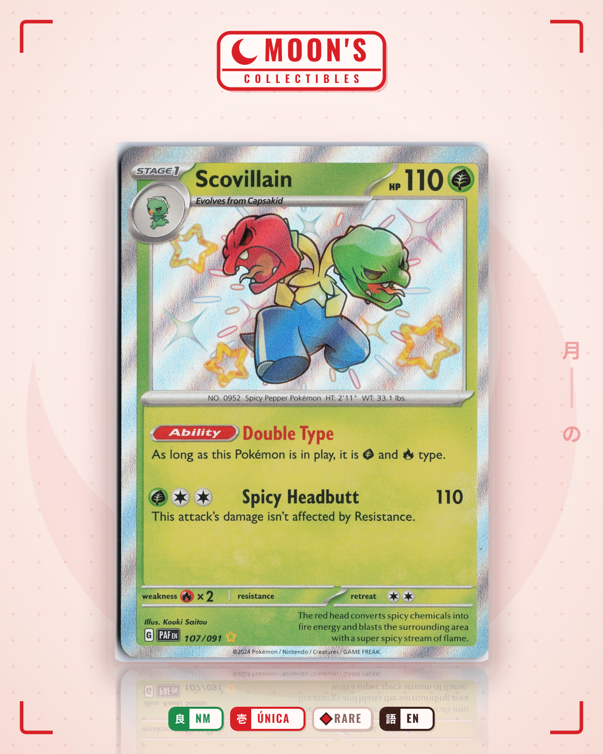 Carta Pokémon Scovillain · Paldean Fates #107/091 (NM) — pieza única en Moon's Collectibles México