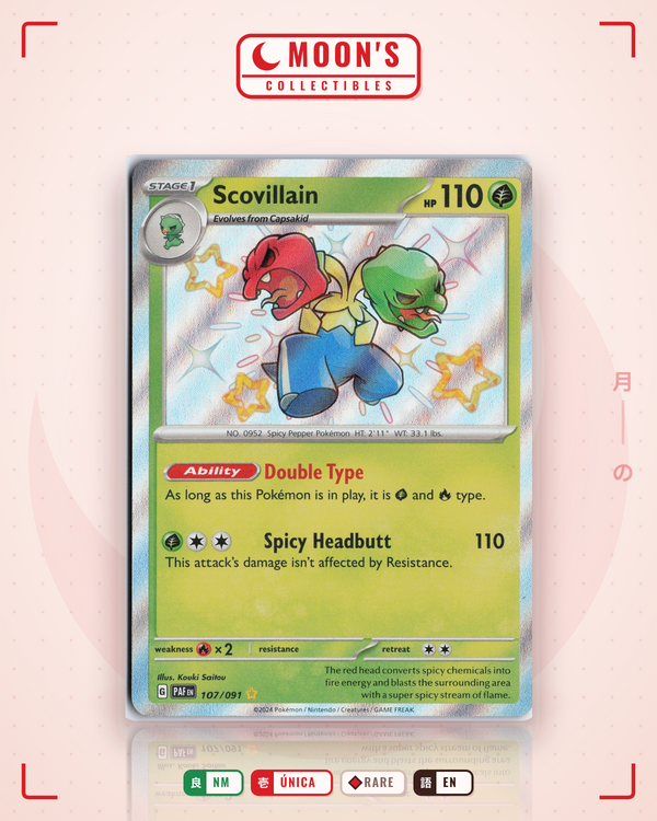Carta Pokémon Scovillain · Paldean Fates #107/091 (NM) — pieza única en Moon's Collectibles México