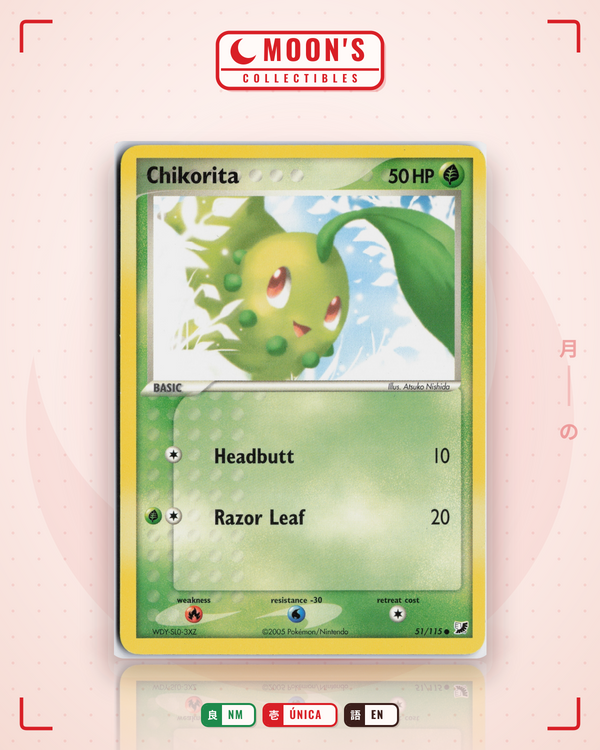 Carta Pokémon Chikorita · Unseen Forces #51/115 (NM) — pieza única en Moon's Collectibles México