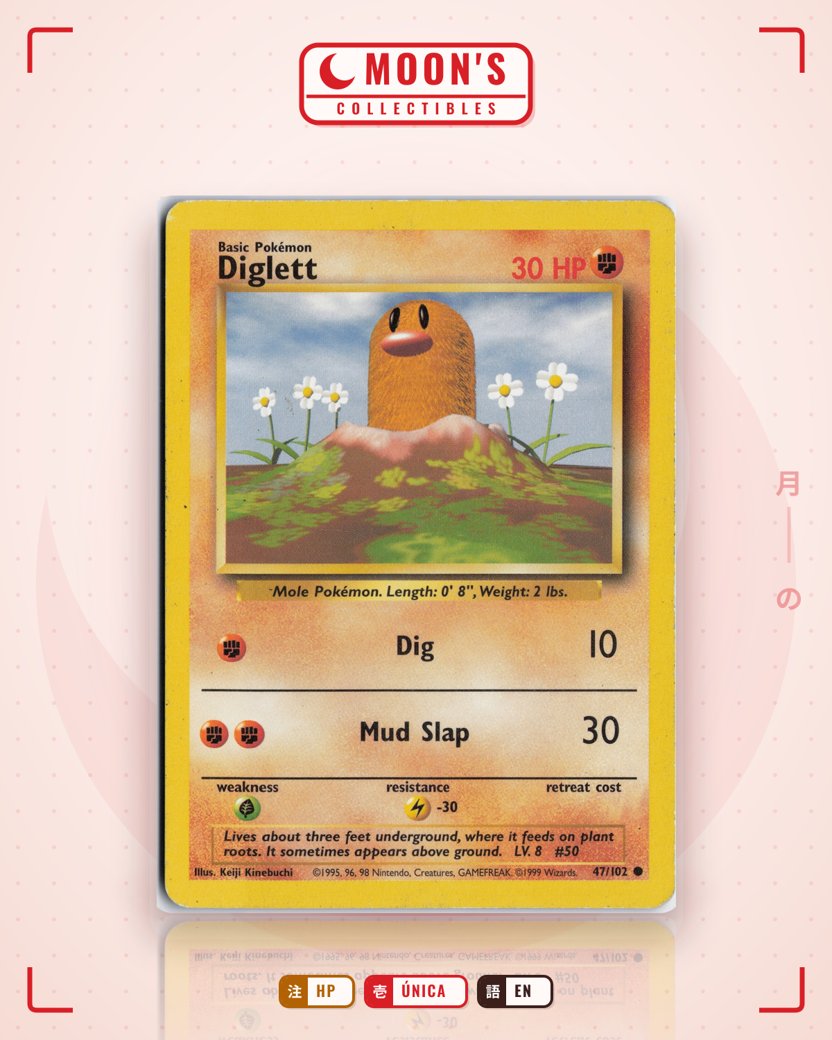 Carta Pokémon Diglett · Base #47/102 (HP) — pieza única en Moon's Collectibles México