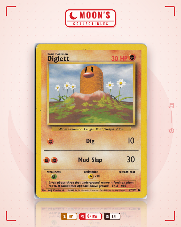 Carta Pokémon Diglett · Base #47/102 (HP) — pieza única en Moon's Collectibles México