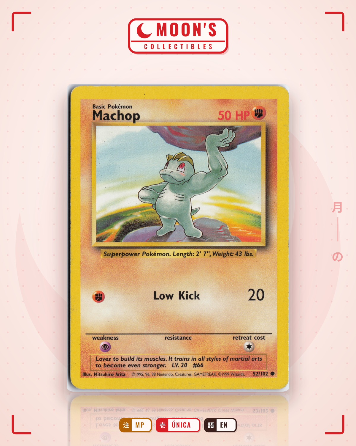 Carta Pokémon Machop · Base #52/102 (MP) — pieza única en Moon's Collectibles México