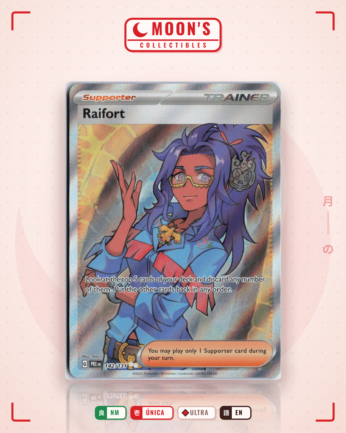 Carta Pokémon Raifort · Prismatic Evolutions #142/131 (NM) — pieza única en Moon's Collectibles México