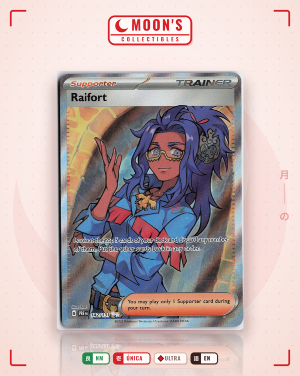 Carta Pokémon Raifort · Prismatic Evolutions #142/131 (NM) — pieza única en Moon's Collectibles México