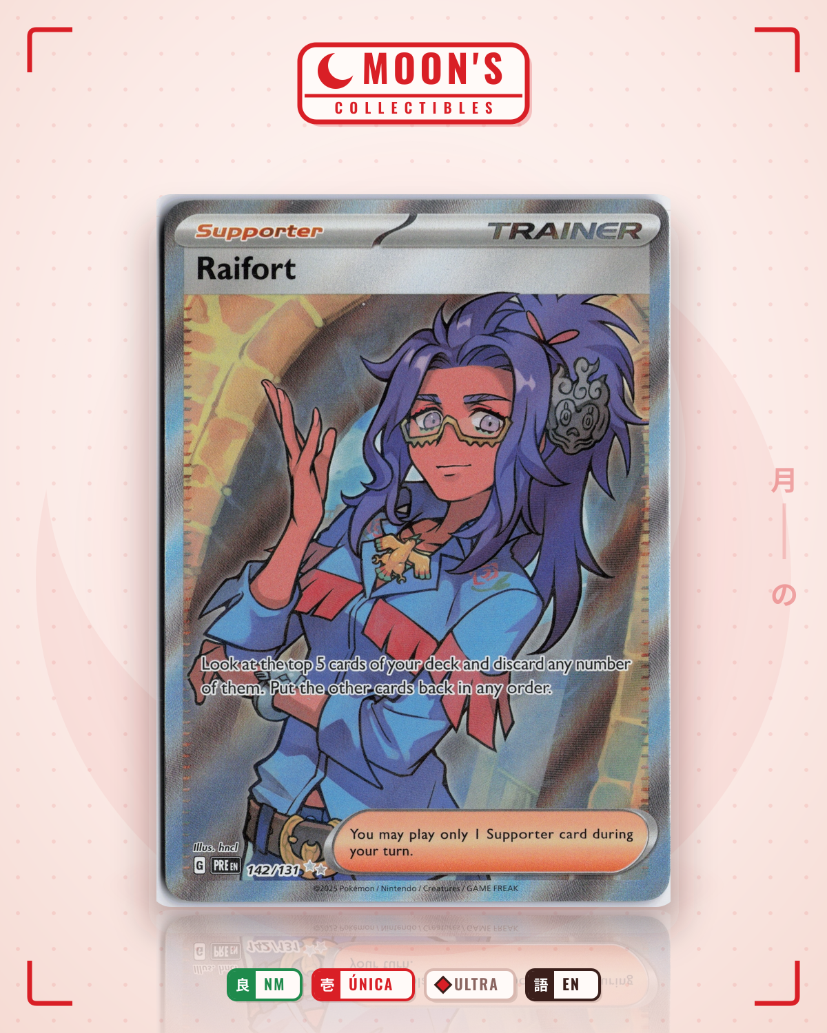 Carta Pokémon Raifort · Prismatic Evolutions #142/131 (NM) — pieza única en Moon's Collectibles México