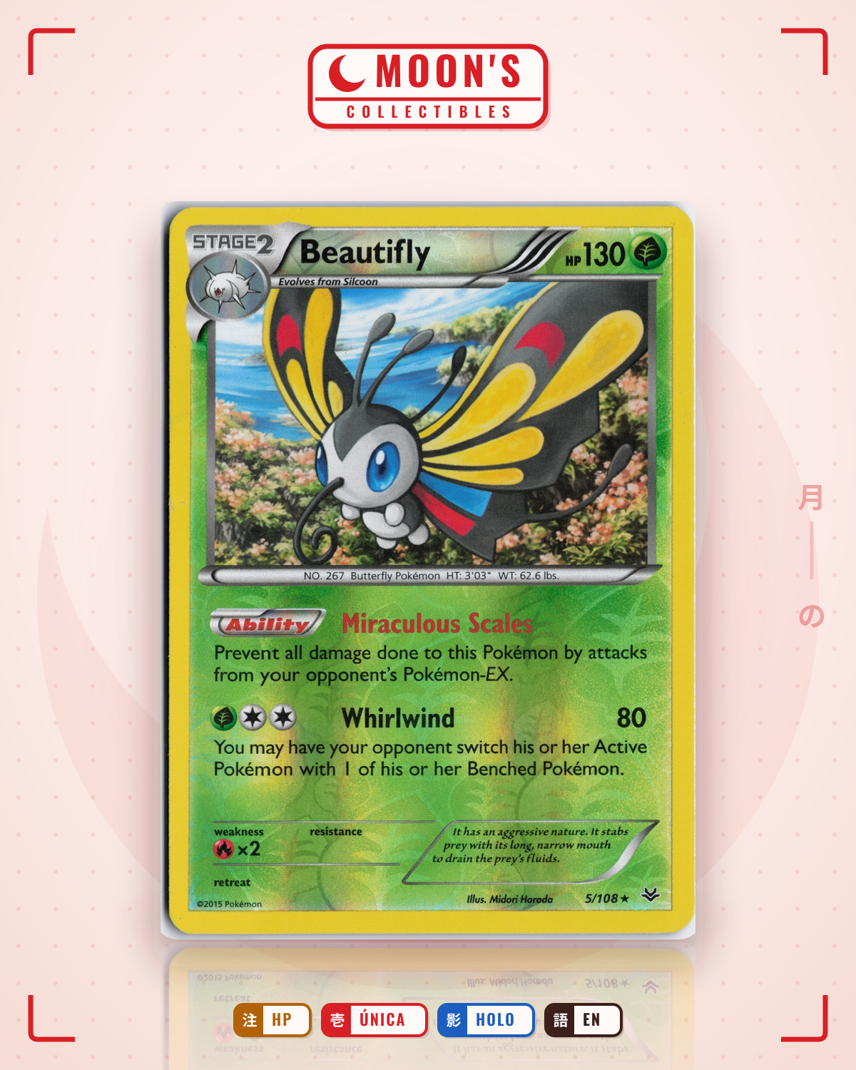 Carta Pokémon Beautifly · Roaring Skies #5/108 (HP) — pieza única en Moon's Collectibles México