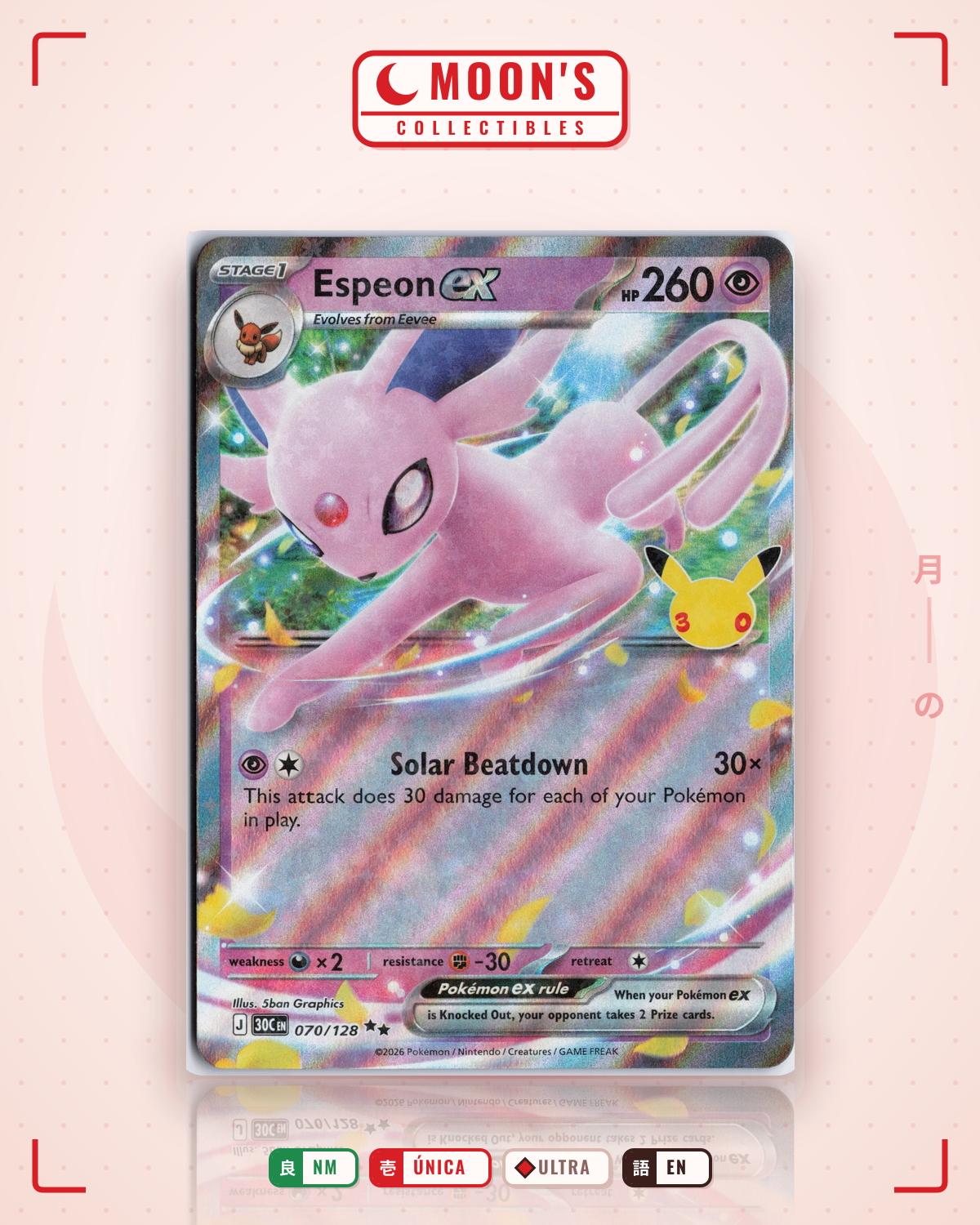 Carta Pokémon Espeon ex · 30th Celebration #070/128 (NM) — pieza única en Moon's Collectibles México