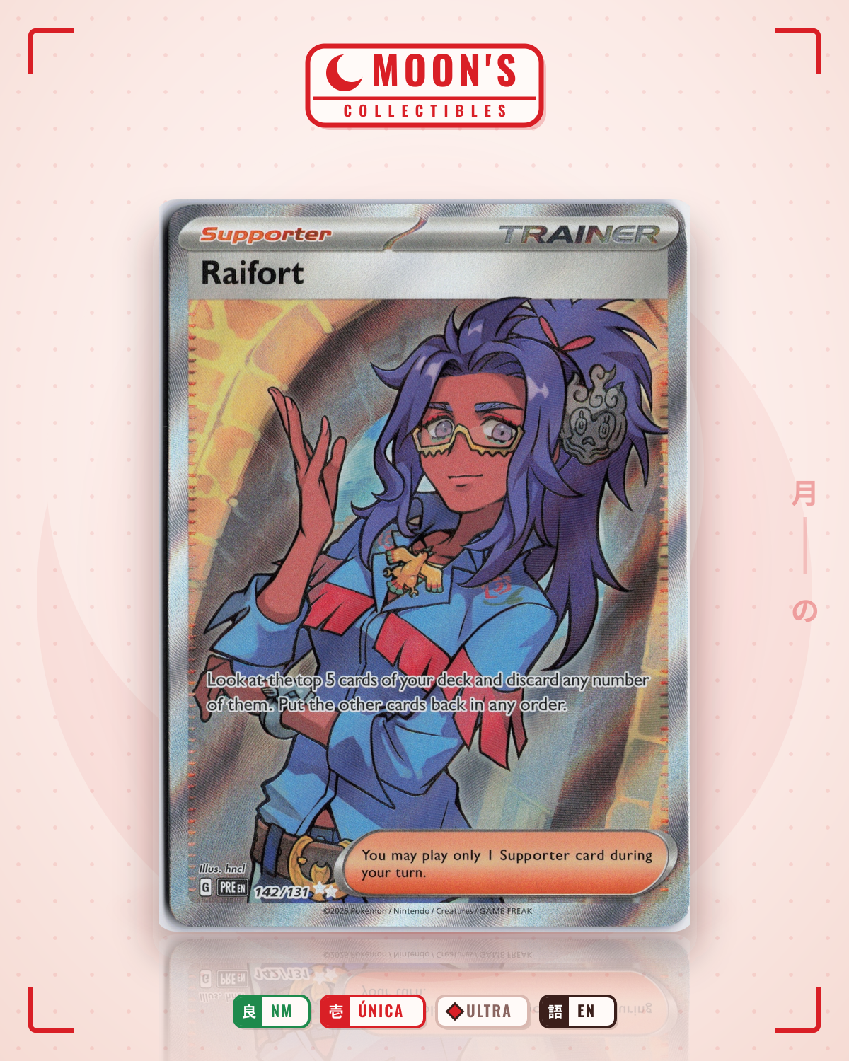 Carta Pokémon Raifort · Prismatic Evolutions #142/131 (NM) — pieza única en Moon's Collectibles México