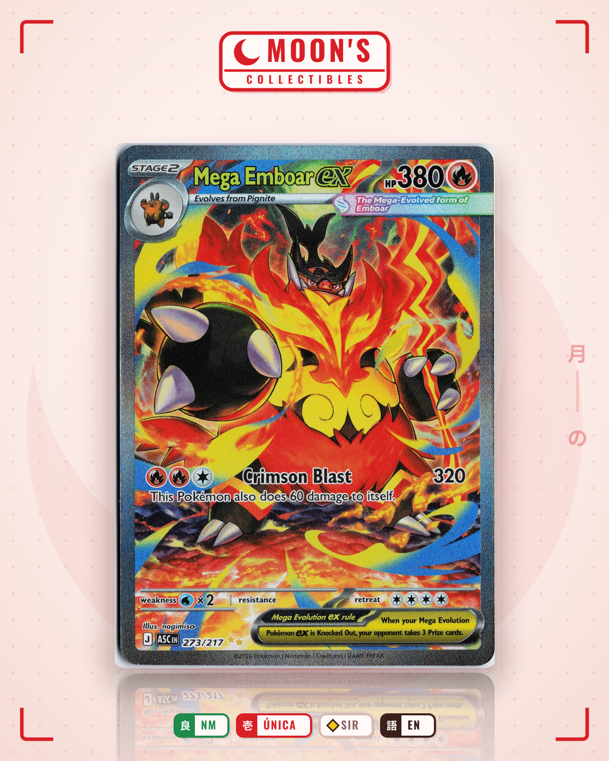 Carta Pokémon Mega Emboar ex · Ascended Heroes #273/217 (NM) — pieza única en Moon's Collectibles México