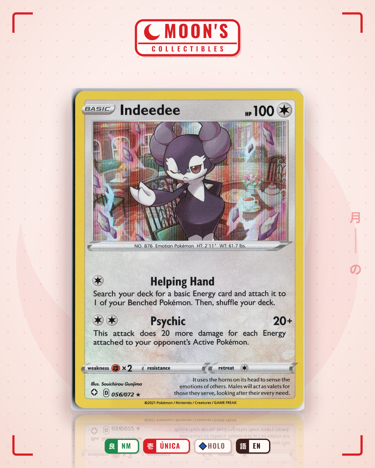 Carta Pokémon Indeedee · Shining Fates #056/072 (NM) — pieza única en Moon's Collectibles México