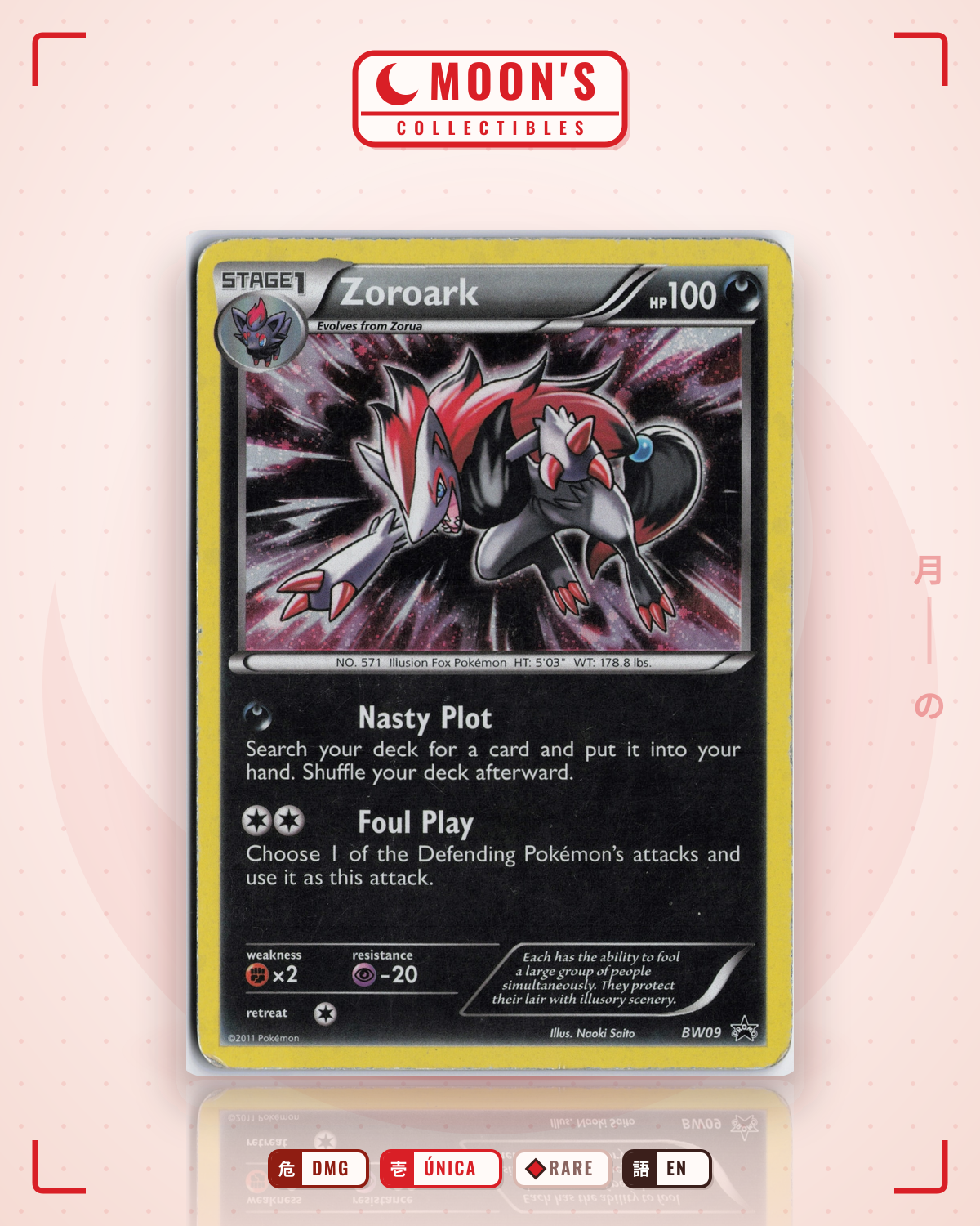 Carta Pokémon Zoroark · BW Black Star Promos #BW09 (DMG) — pieza única en Moon's Collectibles México
