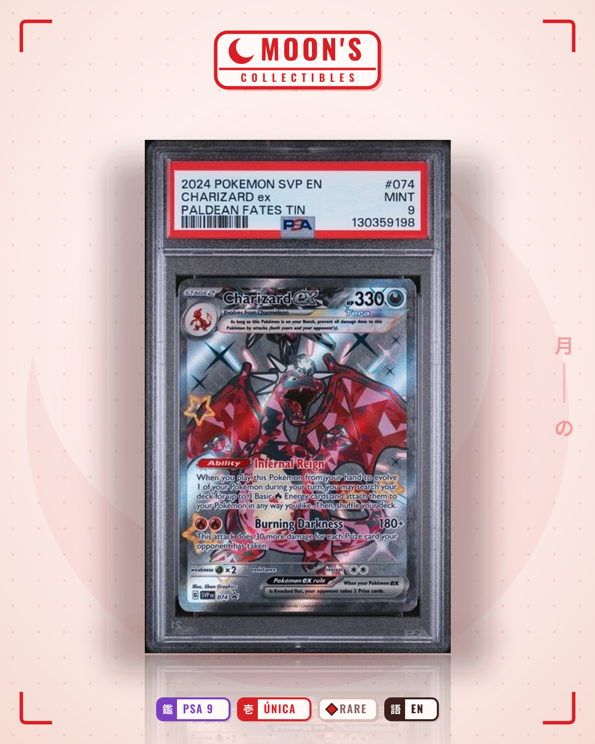 Carta Pokémon Charizard ex · Scarlet & Violet Black Star Promos #074 (PSA 9) — pieza única en Moon's Collectibles México