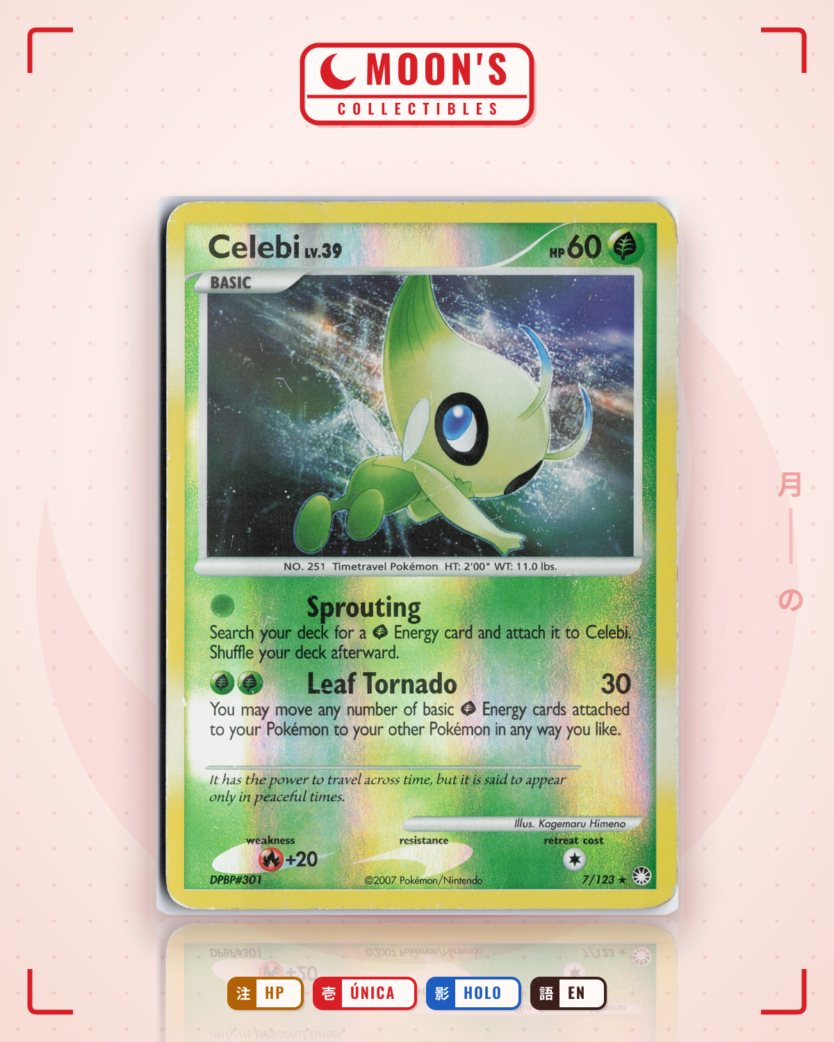 Carta Pokémon Celebi · Mysterious Treasures #7/123 (HP) — pieza única en Moon's Collectibles México