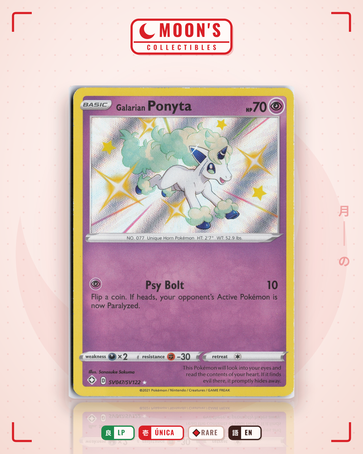 Carta Pokémon Galarian Ponyta · Shining Fates Shiny Vault #SV047/SV122 (LP) — pieza única en Moon's Collectibles México