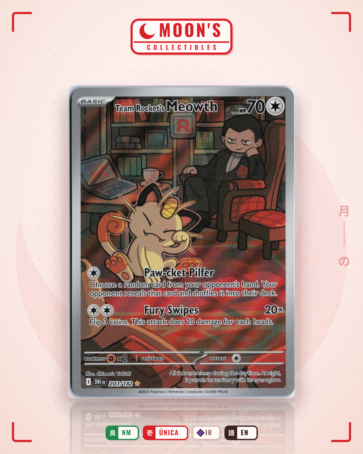Carta Pokémon Team Rocket's Meowth · Destined Rivals #203/182 (NM) — pieza única en Moon's Collectibles México