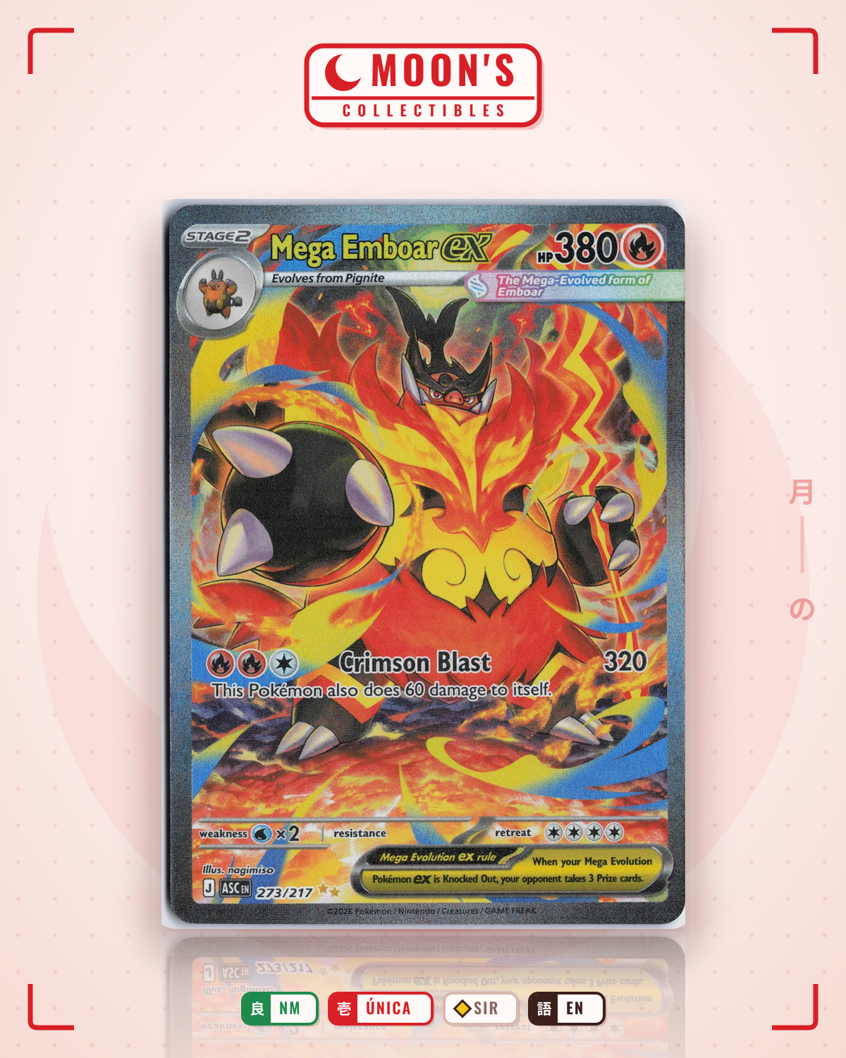 Carta Pokémon Mega Emboar ex · Ascended Heroes #273/217 (NM) — pieza única en Moon's Collectibles México