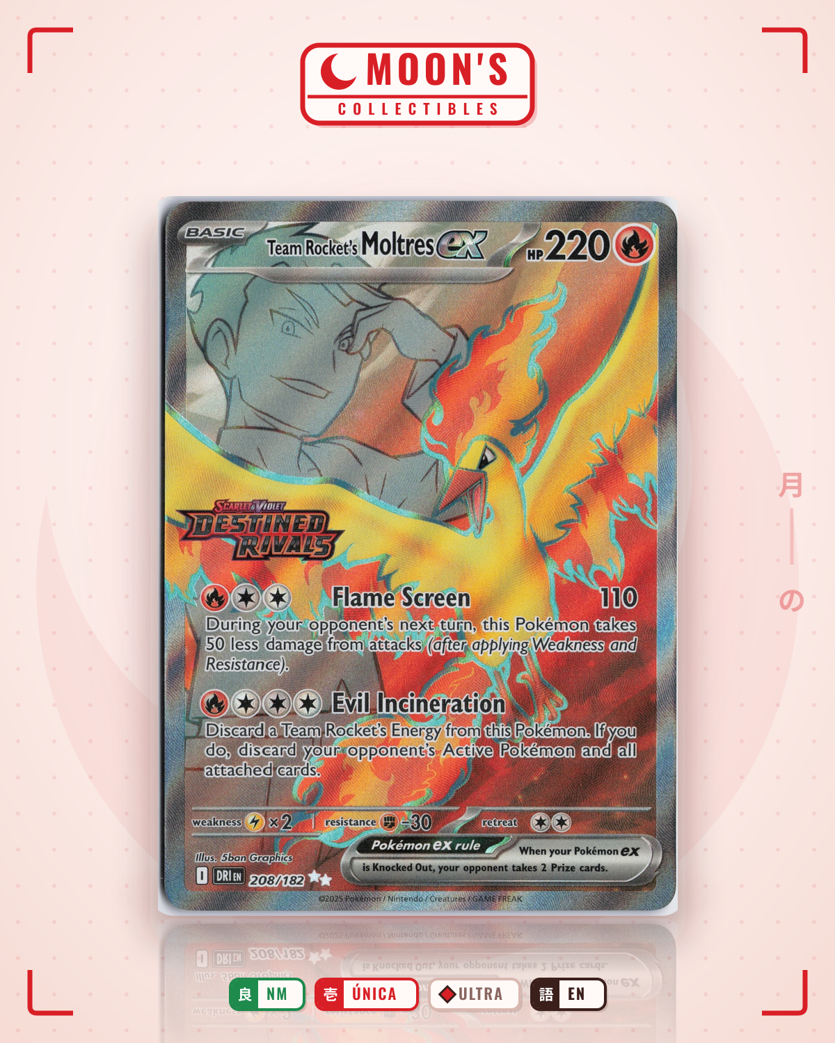 Carta Pokémon Team Rocket's Moltres ex · Destined Rivals #208/182 (NM) — pieza única en Moon's Collectibles México