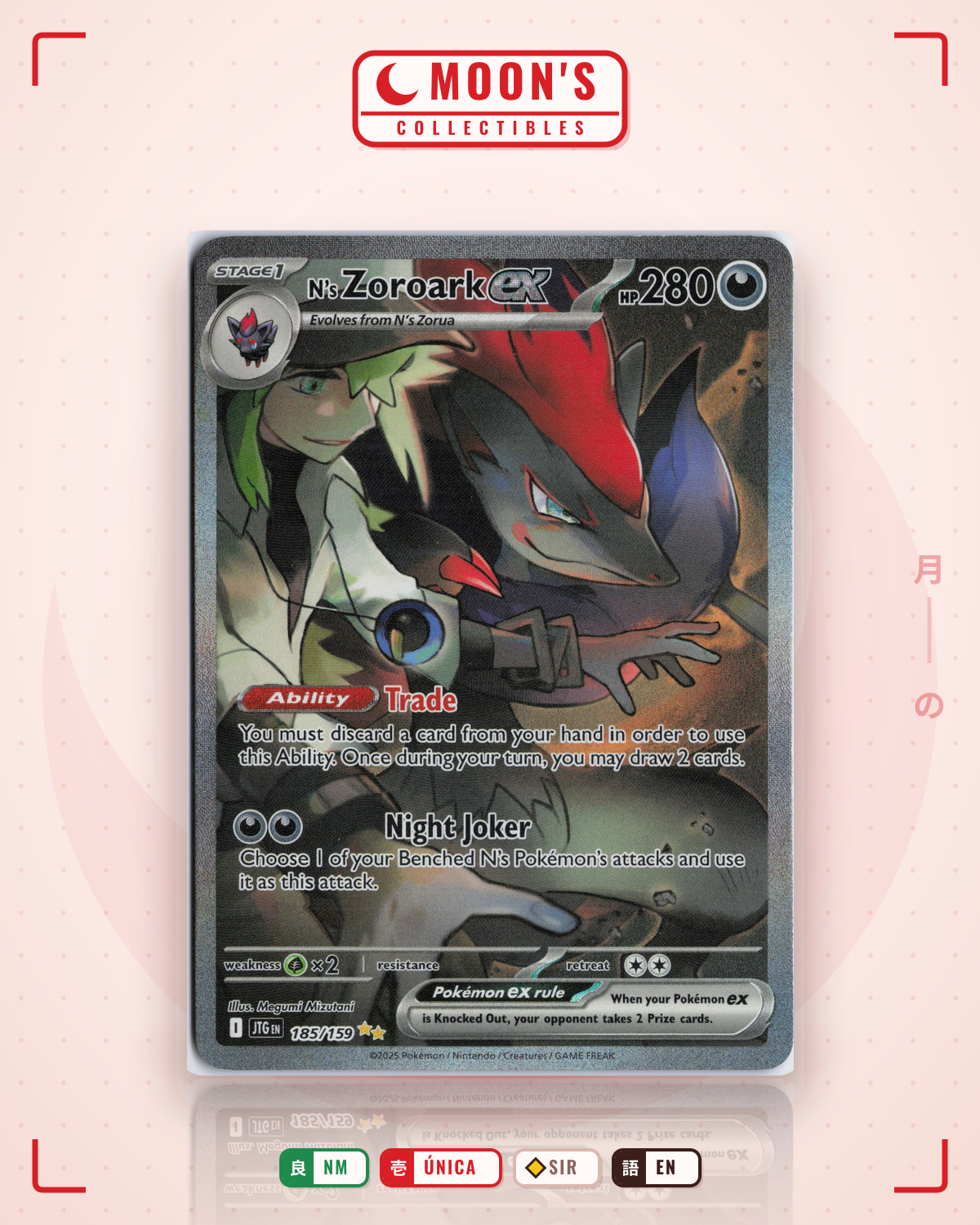 Carta Pokémon N's Zoroark ex · Journey Together #185/159 (NM) — pieza única en Moon's Collectibles México