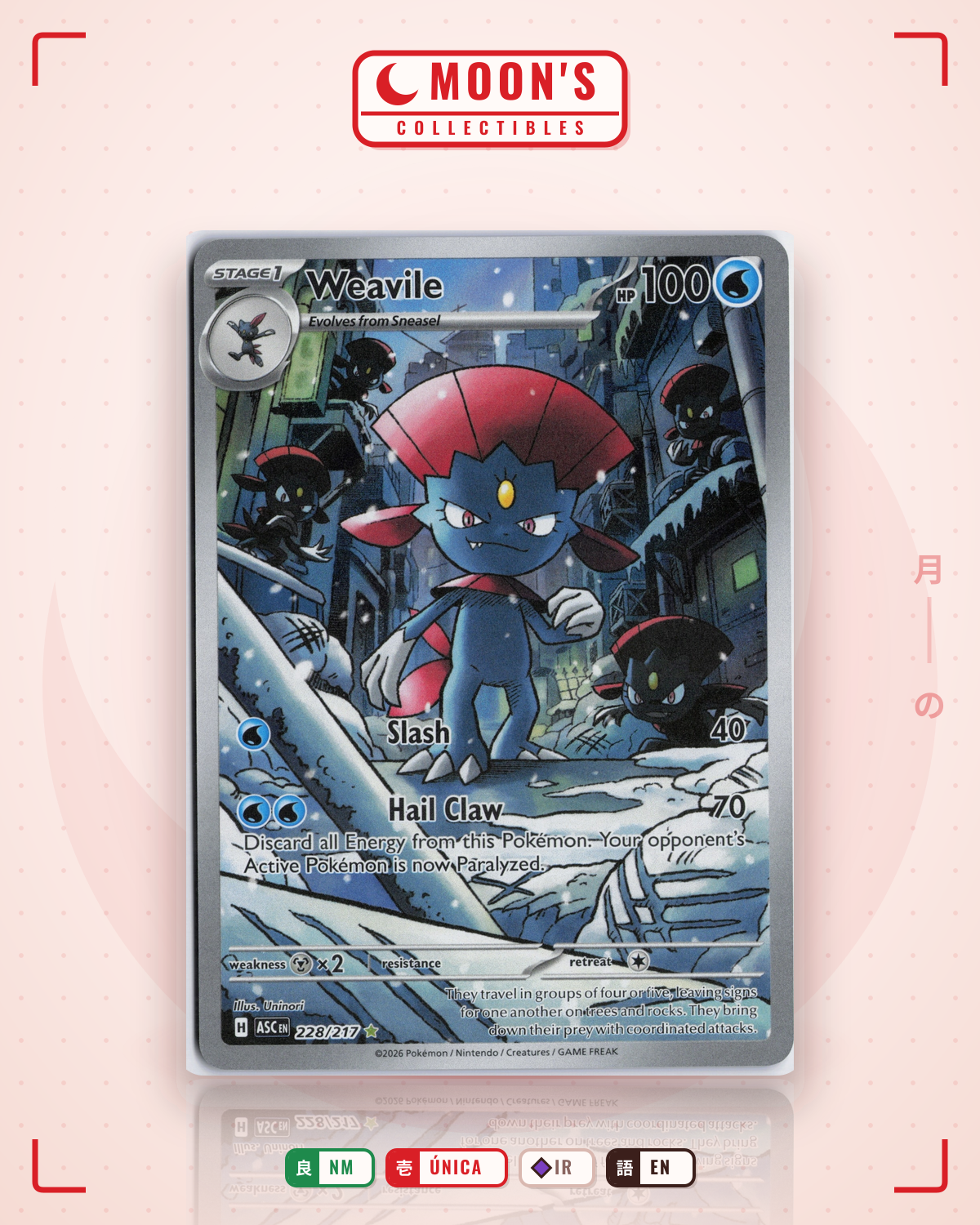 Carta Pokémon Weavile · Ascended Heroes #228/217 (NM) — pieza única en Moon's Collectibles México