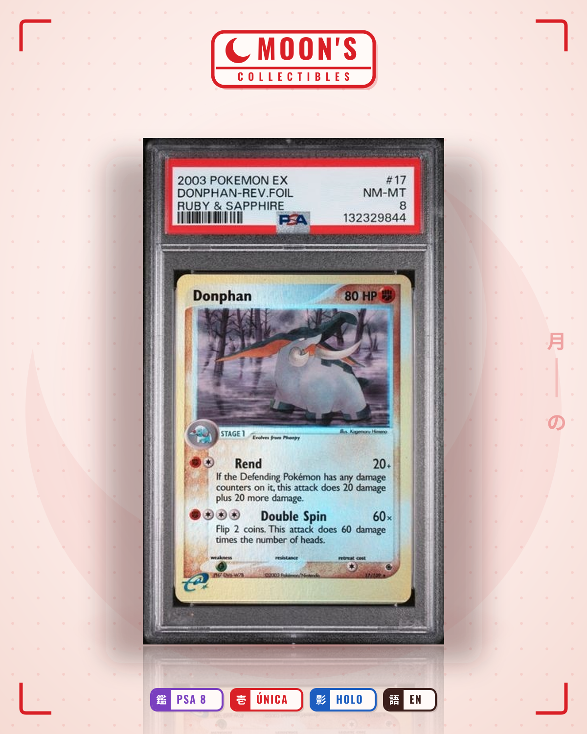 Carta Pokémon Donphan · Ruby & Sapphire #17/109 (PSA 8) — pieza única en Moon's Collectibles México