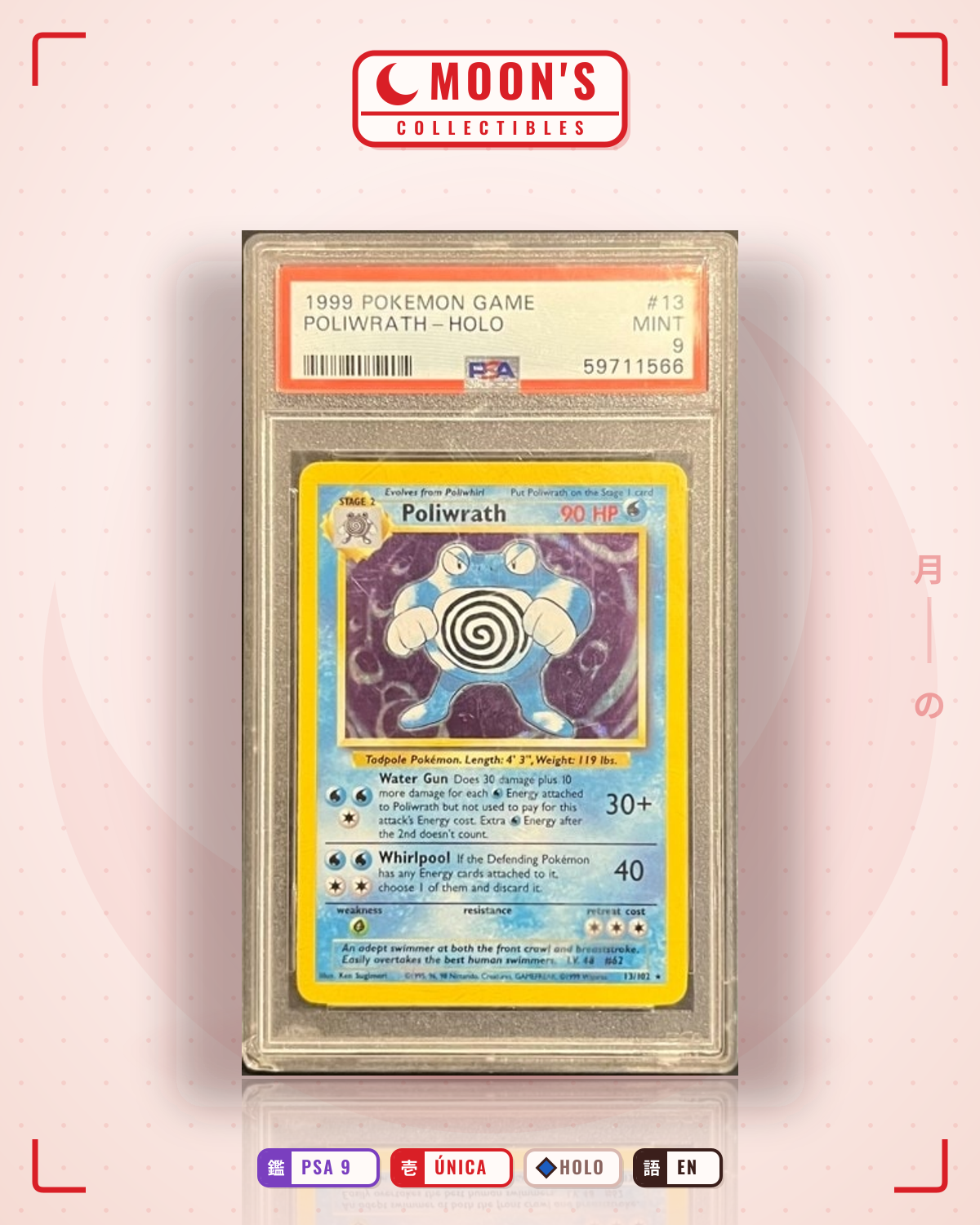 Carta Pokémon Poliwrath · Base #13/102 (PSA 9) — pieza única en Moon's Collectibles México