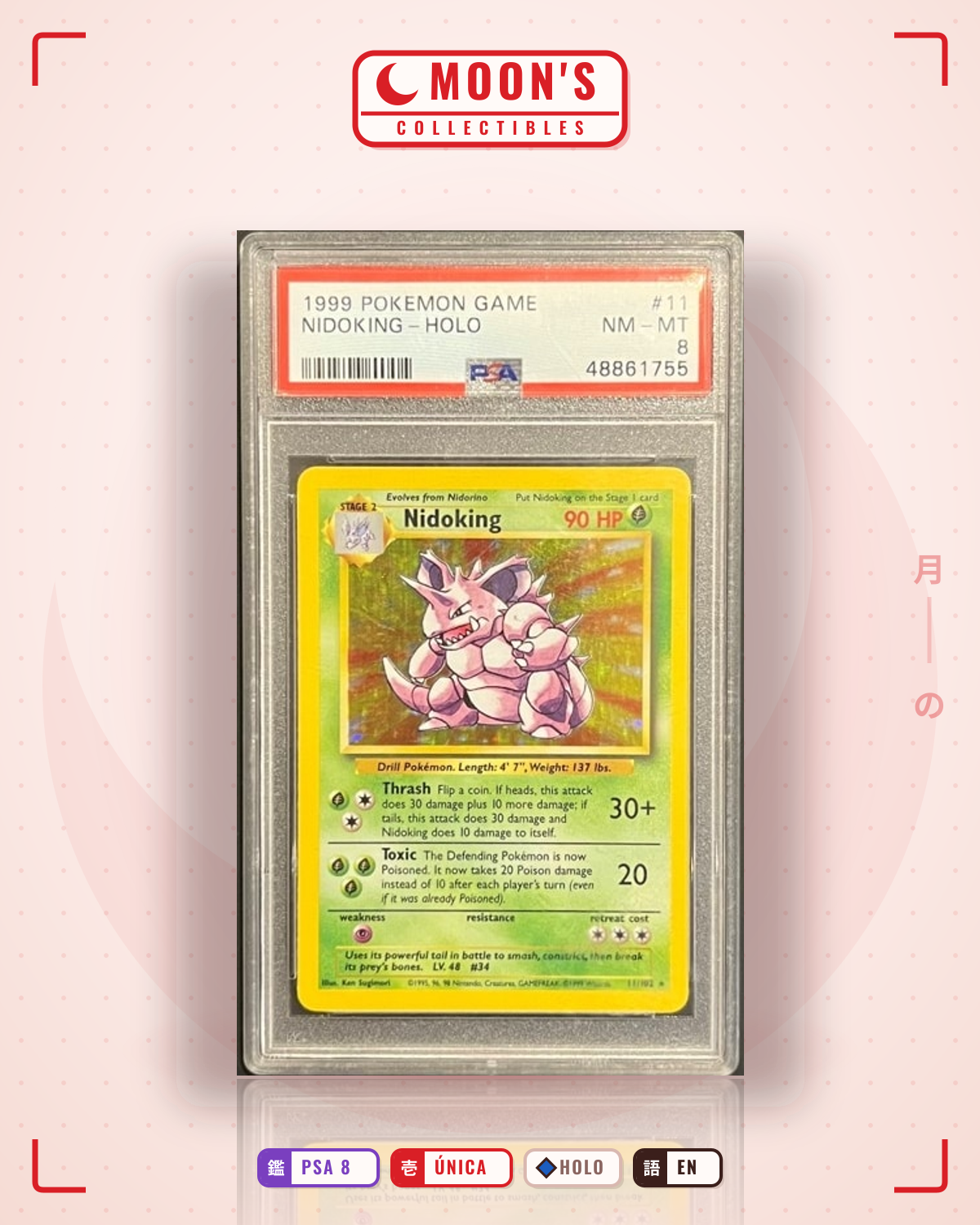 Carta Pokémon Nidoking · Base #11/102 (PSA 8) — pieza única en Moon's Collectibles México