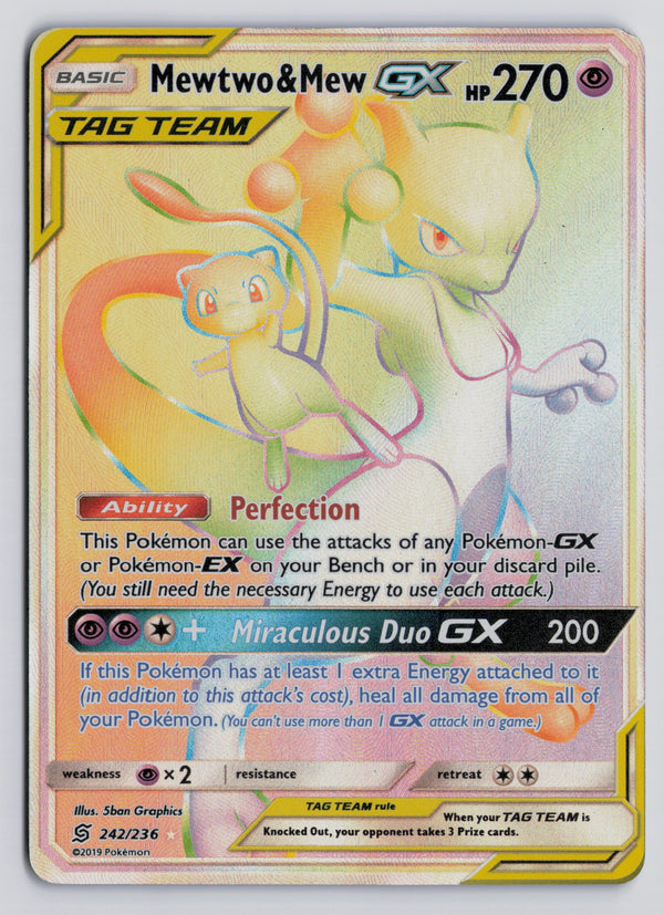 Carta Pokémon Mewtwo & Mew-GX · Unified Minds #242/236 (MP) — pieza única en Moon's Collectibles México