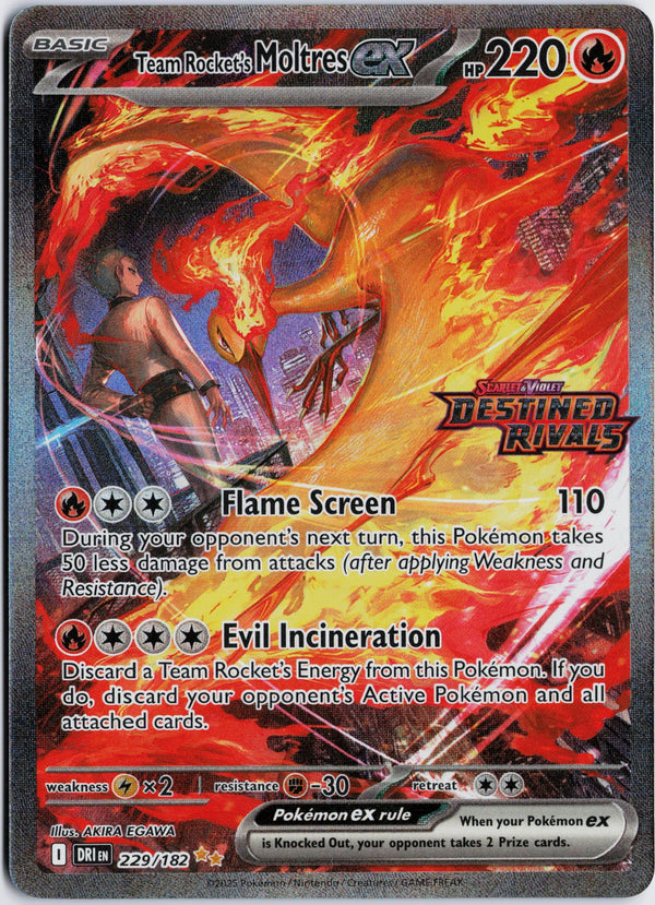Carta Pokémon Team Rocket's Moltres ex · Destined Rivals #229/182 (NM) — pieza única en Moon's Collectibles México