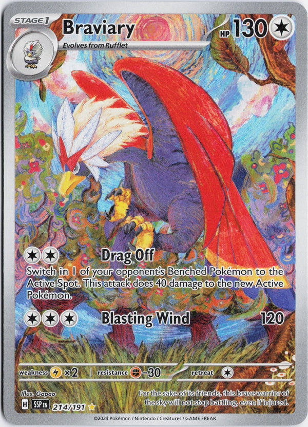 Carta Pokémon Braviary · Surging Sparks #214/191 (NM) — pieza única en Moon's Collectibles México