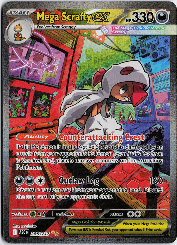Carta Pokémon Mega Scrafty ex · Ascended Heroes #285/217 (NM) — pieza única en Moon's Collectibles México