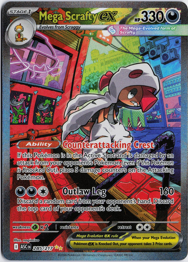 Carta Pokémon Mega Scrafty ex · Ascended Heroes #285/217 (NM) — pieza única en Moon's Collectibles México