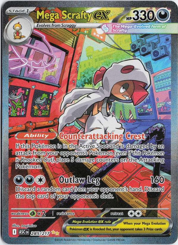Carta Pokémon Mega Scrafty ex · Ascended Heroes #285/217 (NM) — pieza única en Moon's Collectibles México
