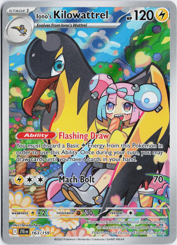Carta Pokémon Iono's Kilowattrel · Journey Together #163/159 (NM) — pieza única en Moon's Collectibles México