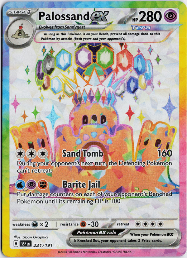 Carta Pokémon Palossand ex · Surging Sparks #221/191 (NM) — pieza única en Moon's Collectibles México