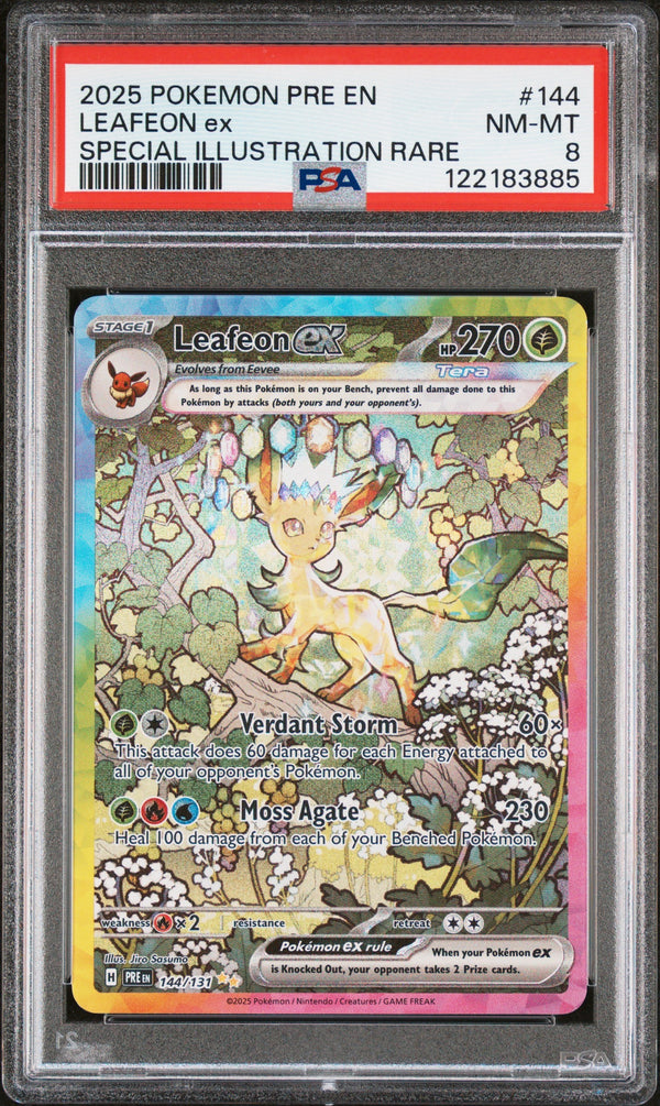 Carta Pokémon Leafeon ex · Prismatic Evolutions #144/131 (PSA 8) — pieza única en Moon's Collectibles México