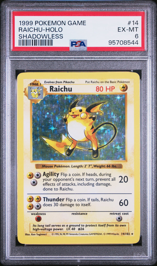 Carta Pokémon Raichu · Base #14/102 (PSA 6) — pieza única en Moon's Collectibles México