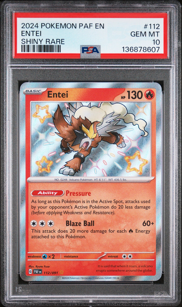 Carta Pokémon Entei · Paldean Fates #112/091 (PSA 10) — pieza única en Moon's Collectibles México