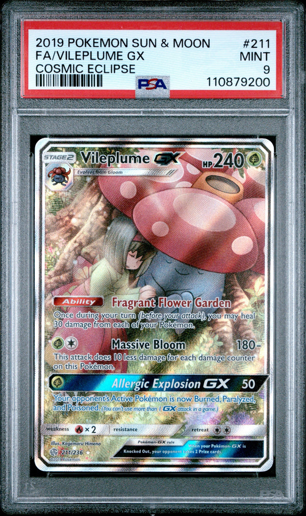 Carta Pokémon Vileplume-GX · Cosmic Eclipse #211/236 (PSA 9) — pieza única en Moon's Collectibles México