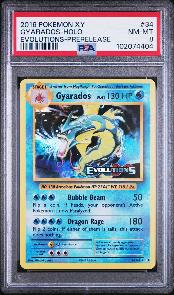 Carta Pokémon Gyarados · Evolutions #34/108 (PSA 8) — pieza única en Moon's Collectibles México