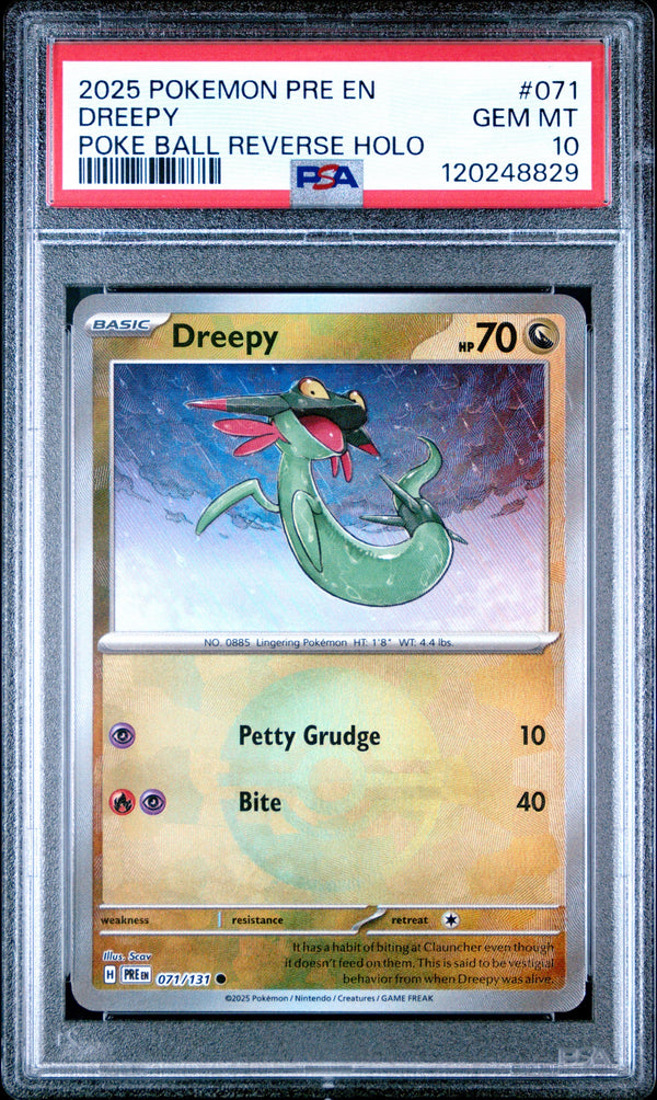Carta Pokémon Dreepy · Prismatic Evolutions #071/131 (PSA 10) — pieza única en Moon's Collectibles México
