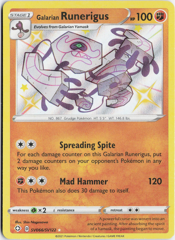 Carta Pokémon Galarian Runerigus · Shining Fates Shiny Vault #SV066/SV122 (NM) — pieza única en Moon's Collectibles México