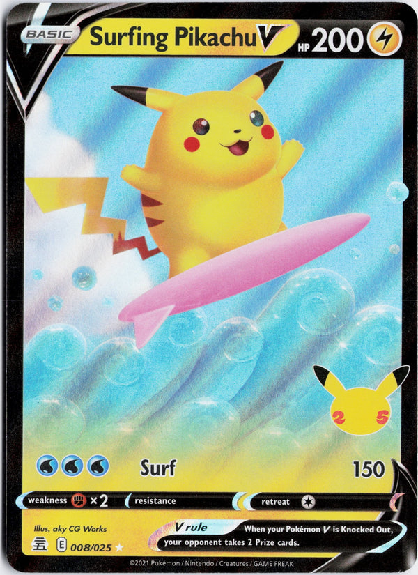 Carta Pokémon Surfing Pikachu V · Celebrations #8 (NM) — pieza única en Moon's Collectibles México