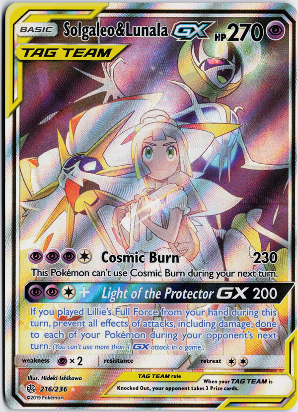 Carta Pokémon Solgaleo & Lunala-GX · Cosmic Eclipse #216/236 (MP) — pieza única en Moon's Collectibles México
